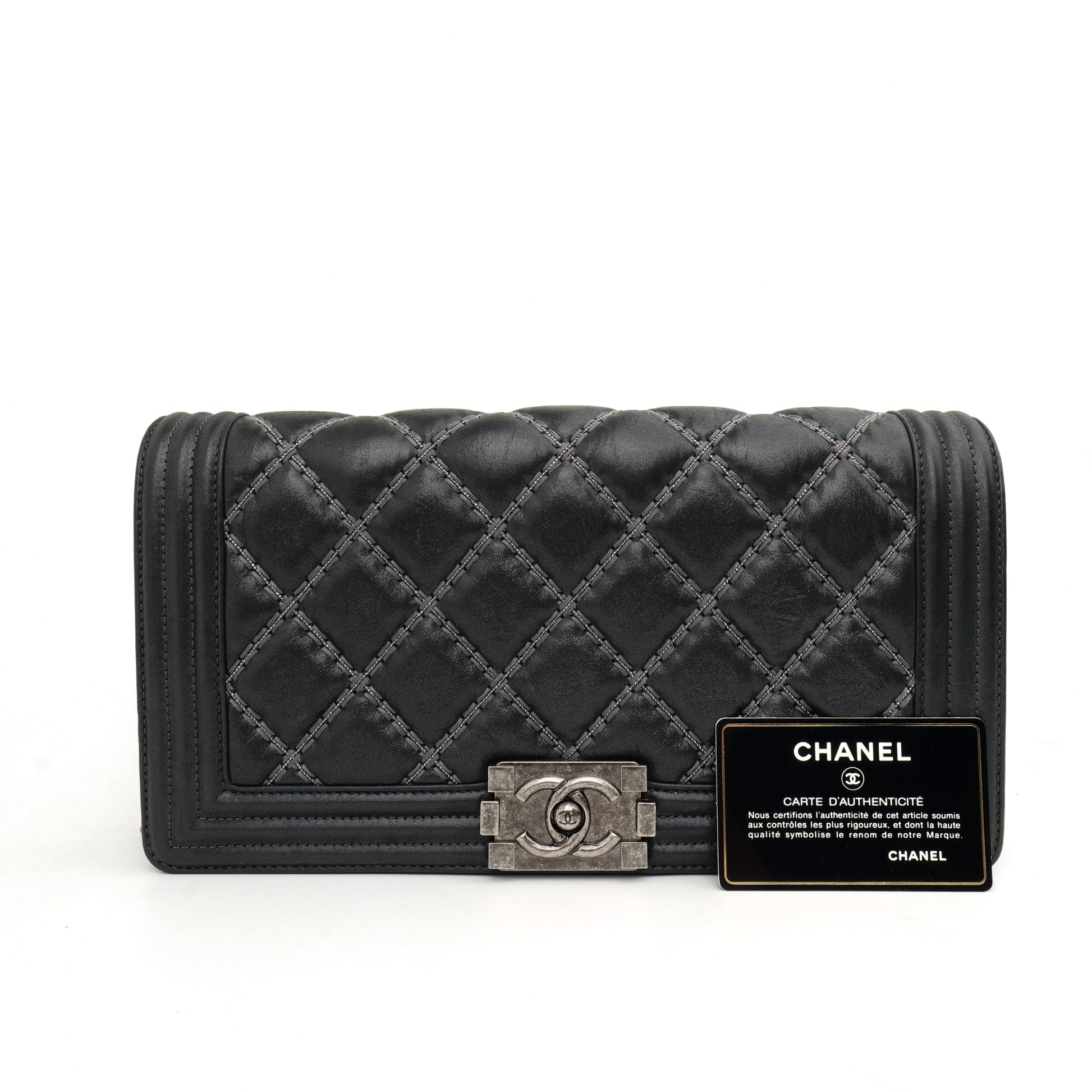 Chanel Boy Clutch with Chain Embellished Double Stitched Gray