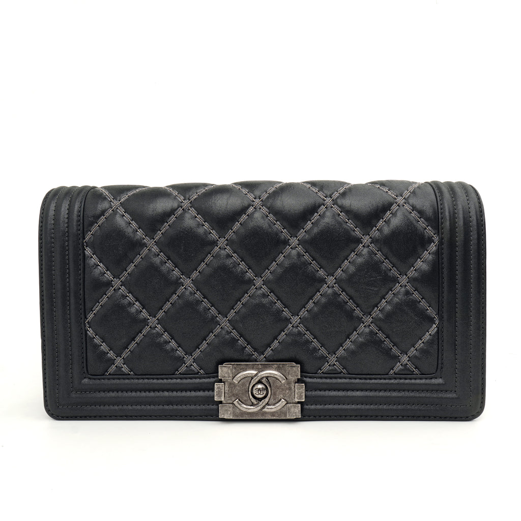 Chanel Boy Clutch with Chain Embellished Double Stitched Gray
