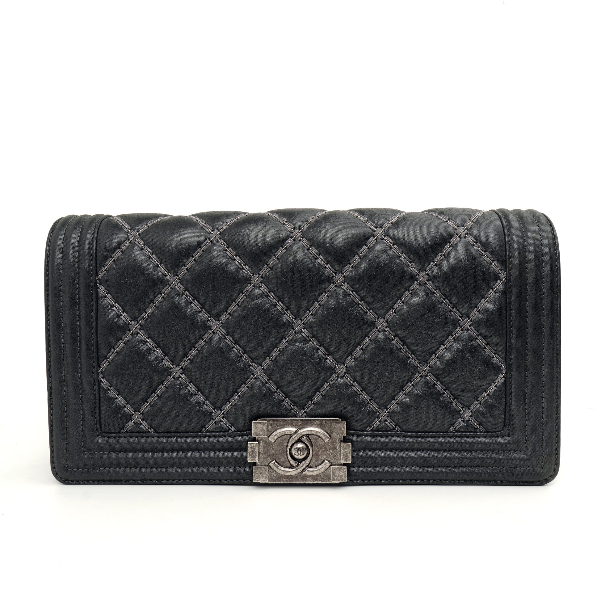 Chanel Boy Clutch with Chain Embellished Double Stitched Gray