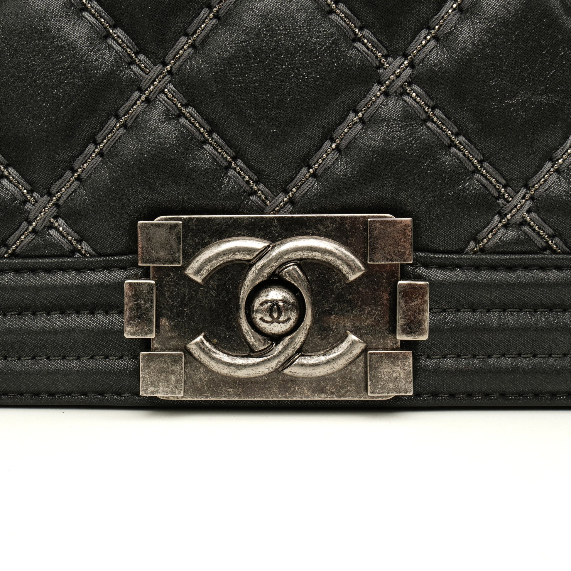 Chanel Boy Clutch with Chain Embellished Double Stitched Gray