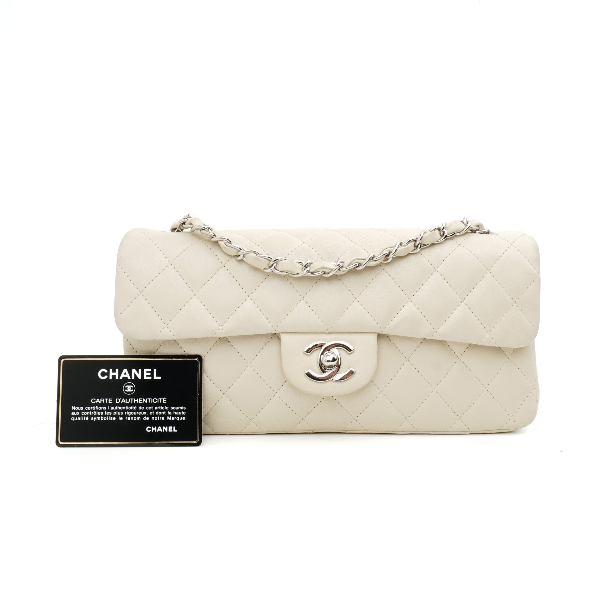 Chanel East West Single Flap Lambskin Off White SHW