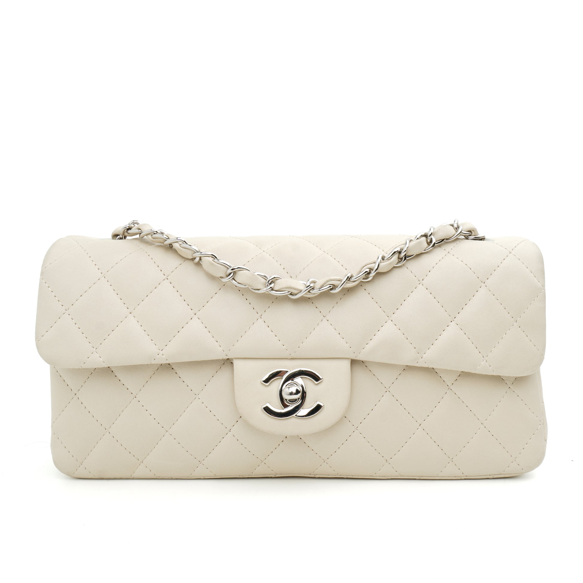 Chanel East West Single Flap Lambskin Off White SHW
