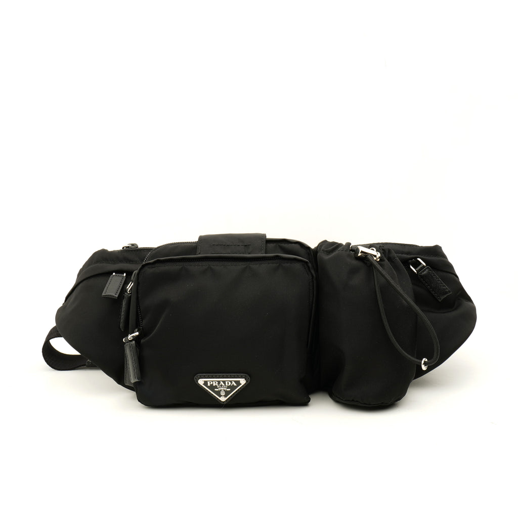 Prada Nylon Metal Triple Pocket Belt Bag Black
