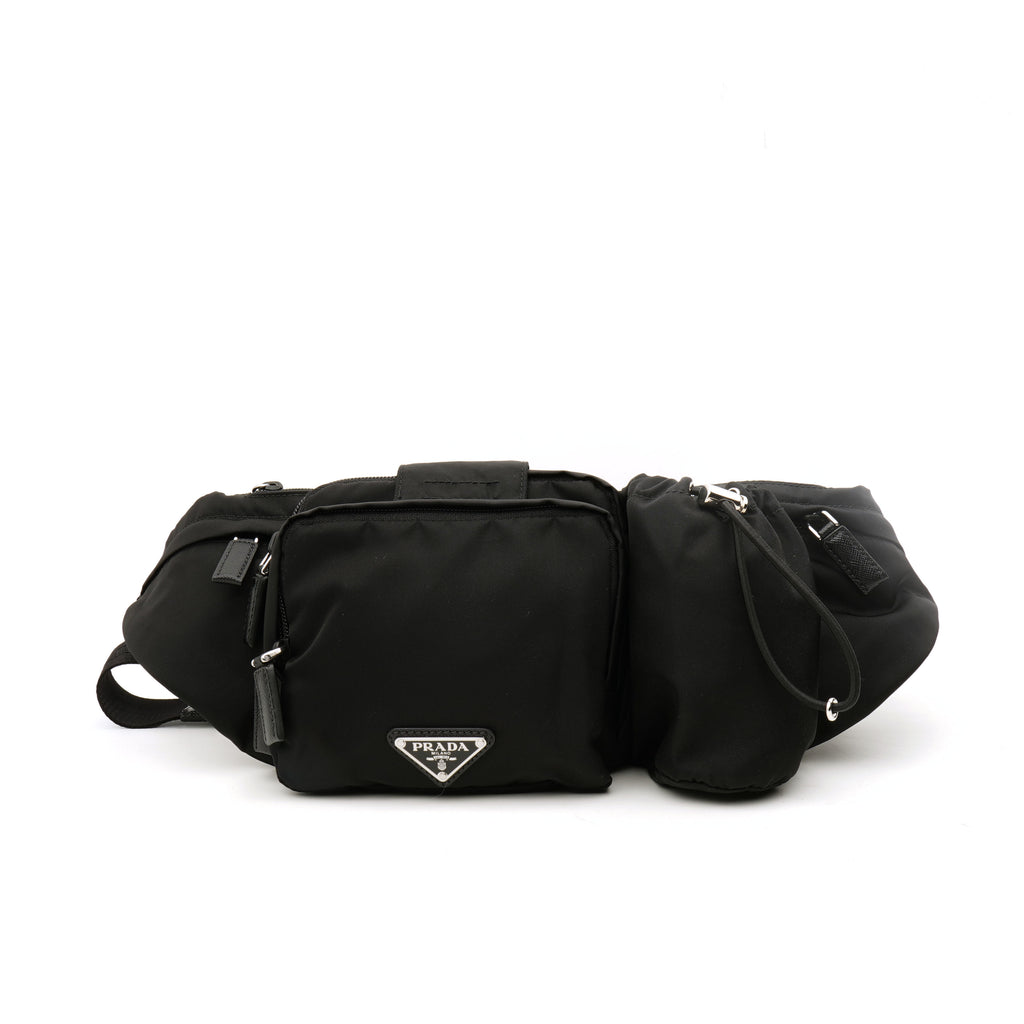 Prada Nylon Metal Triple Pocket Belt Bag Black