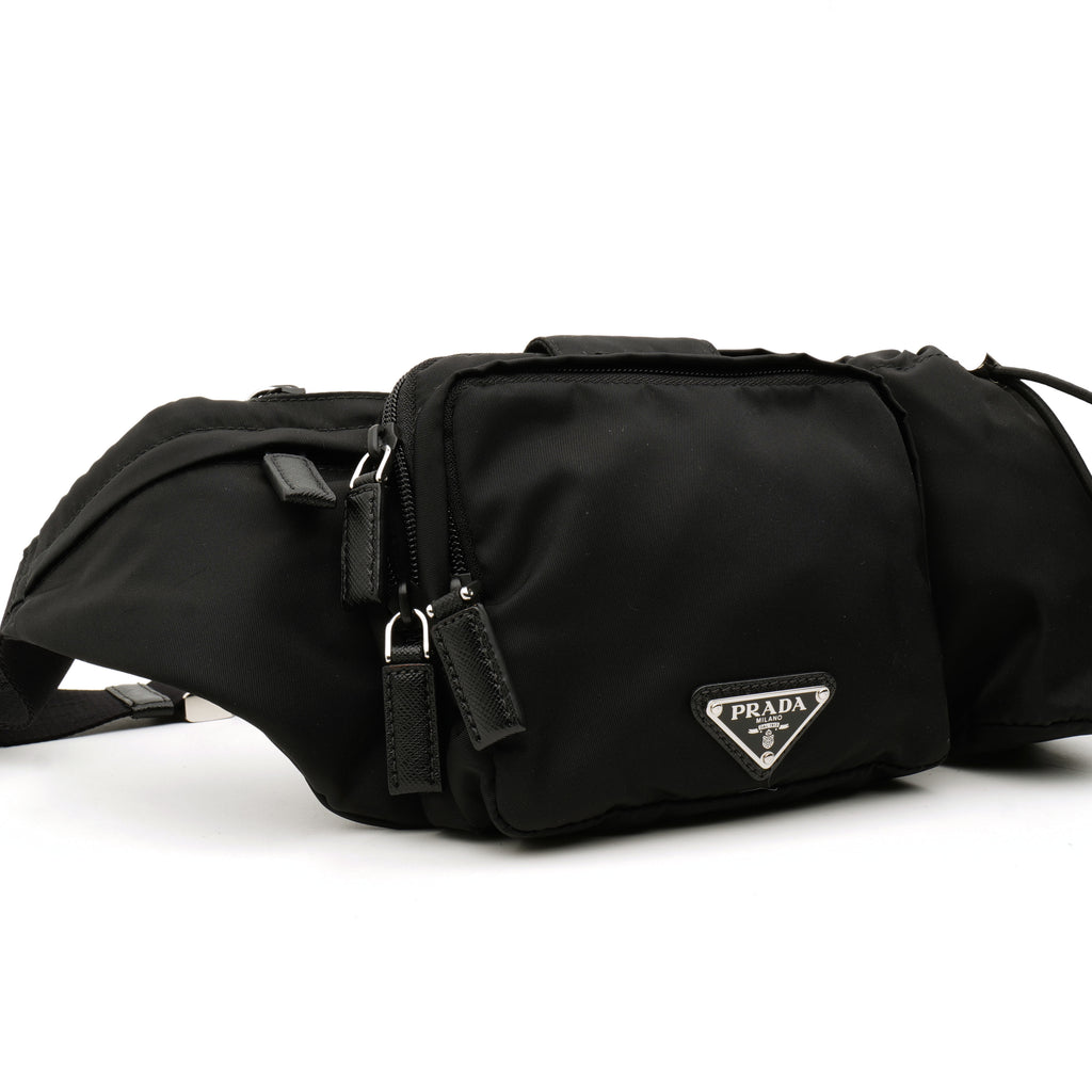 Prada Nylon Metal Triple Pocket Belt Bag Black