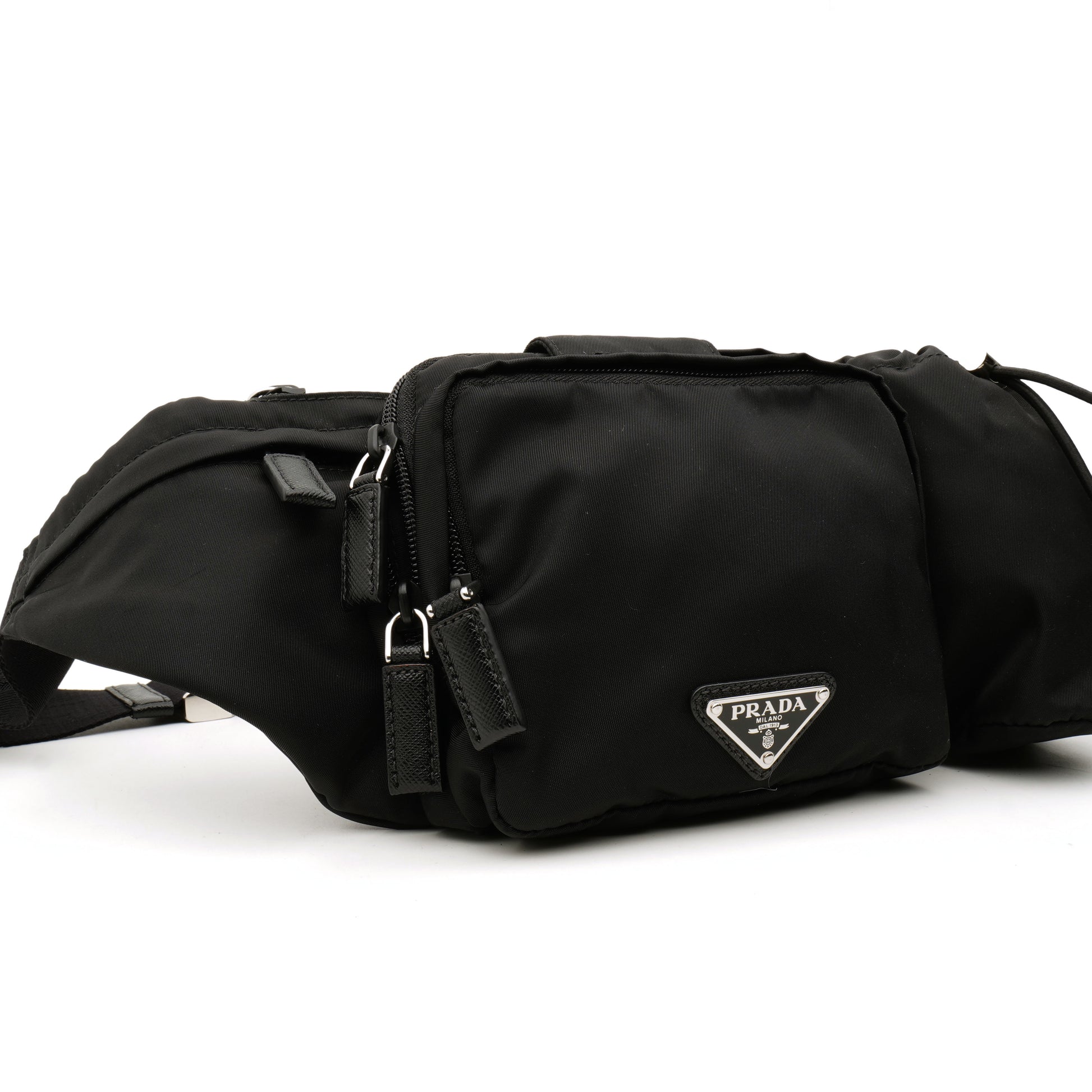 Prada Nylon Metal Triple Pocket Belt Bag Black