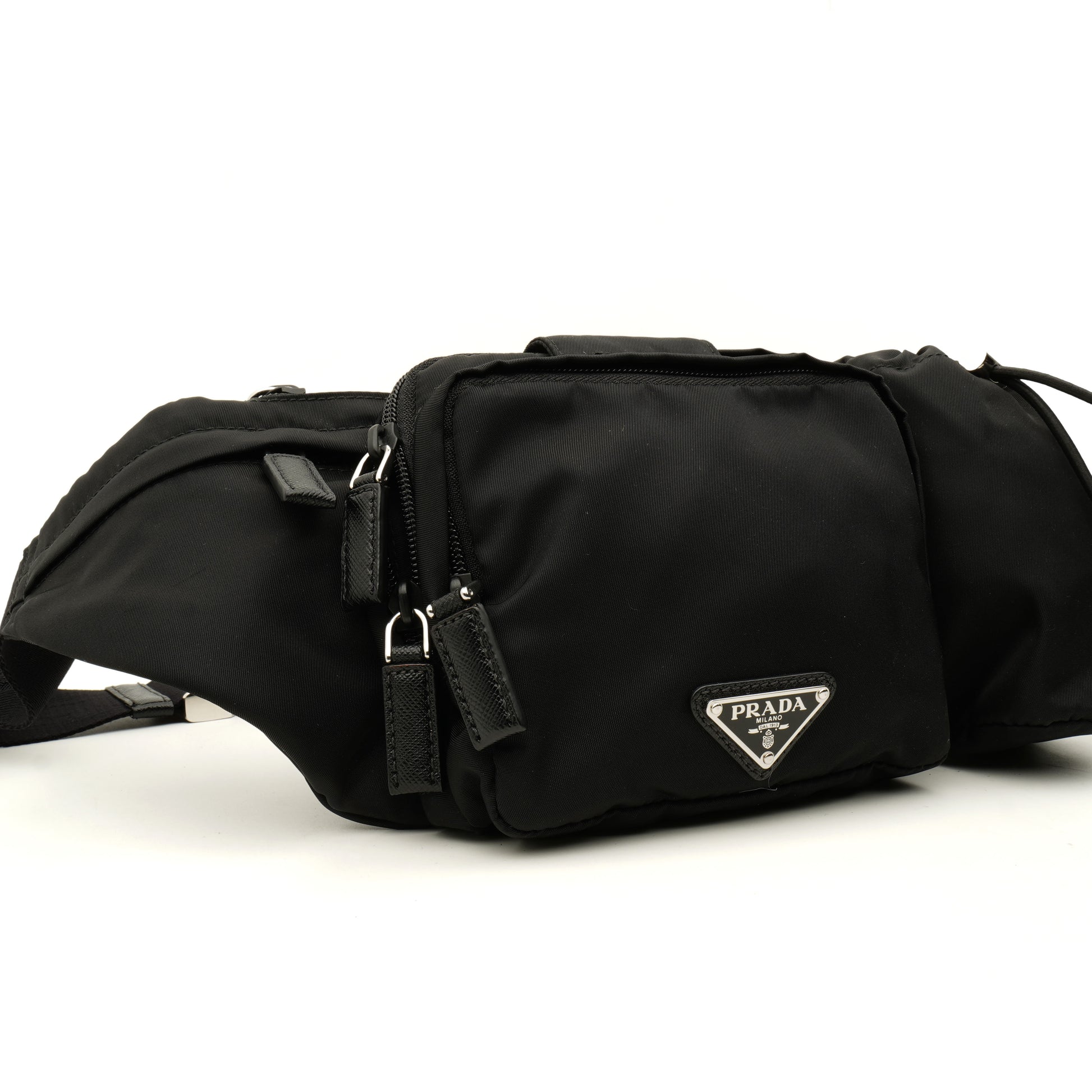 Prada Nylon Metal Triple Pocket Belt Bag Black