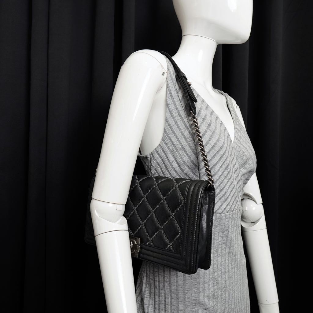 Chanel Boy Clutch with Chain Embellished Double Stitched Gray