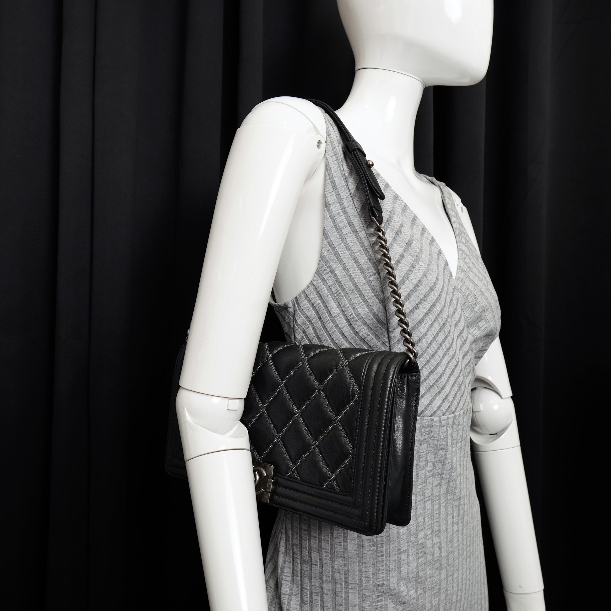 Chanel Boy Clutch with Chain Embellished Double Stitched Gray