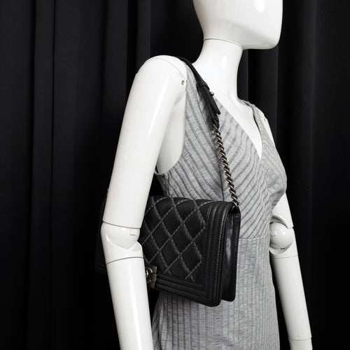 Chanel Boy Clutch with Chain Embellished Double Stitched Gray