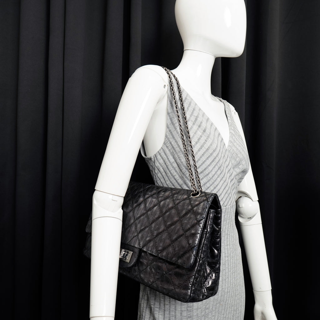 Chanel  2.55 Reissue 227 Metallic Calfskin Striped Flap Black