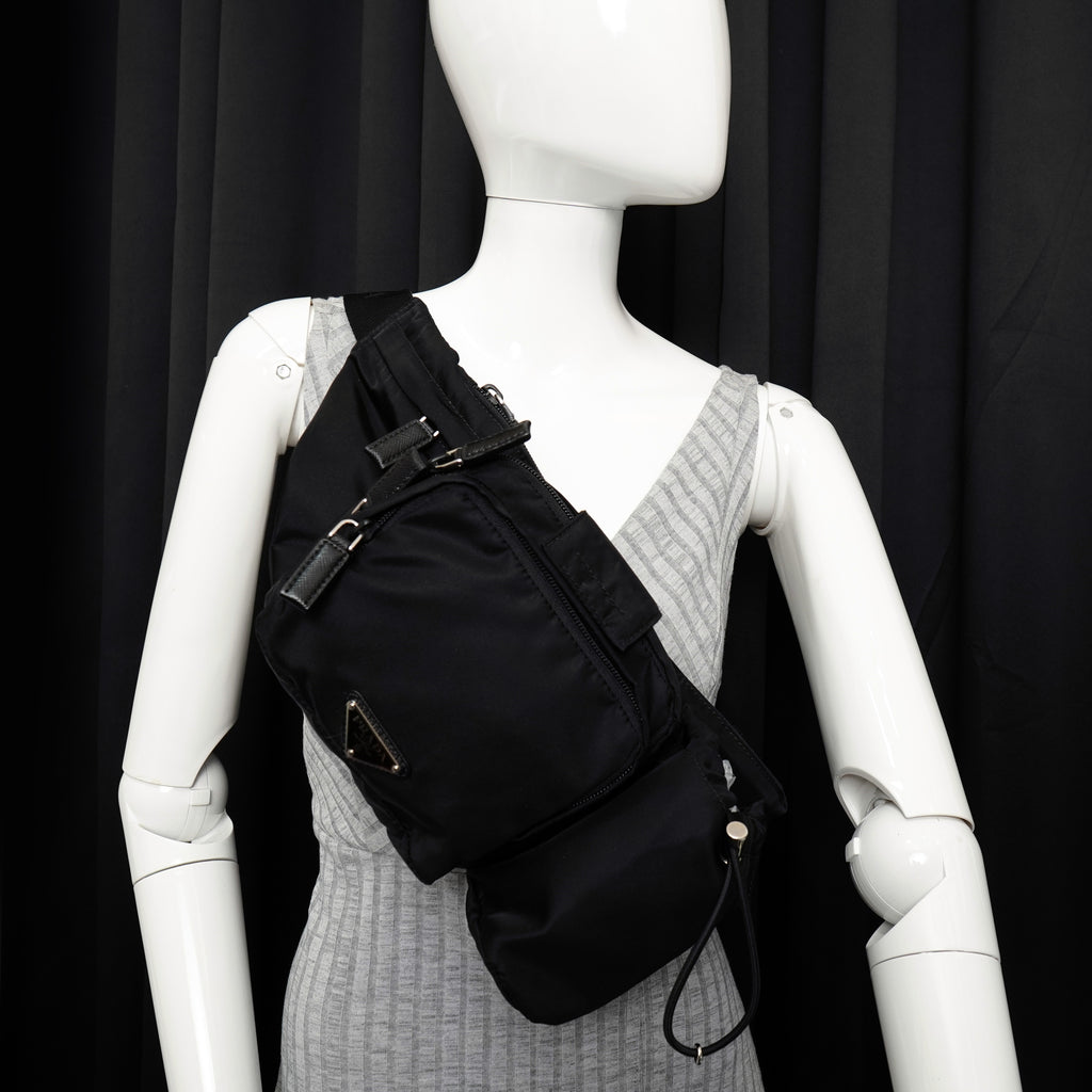 Prada Nylon Metal Triple Pocket Belt Bag Black