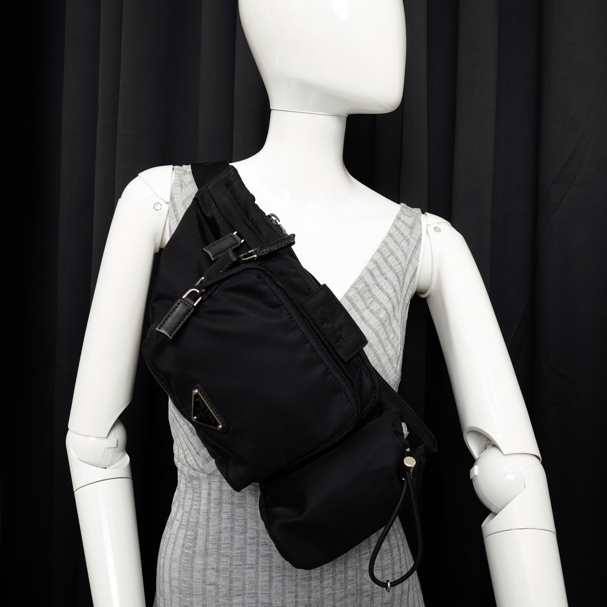 Prada Nylon Metal Triple Pocket Belt Bag Black