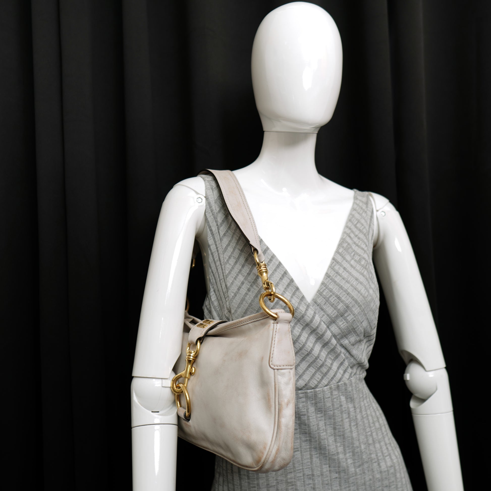 Miu Miu Nappa Old Hook Shoulder Bag Sabbia White