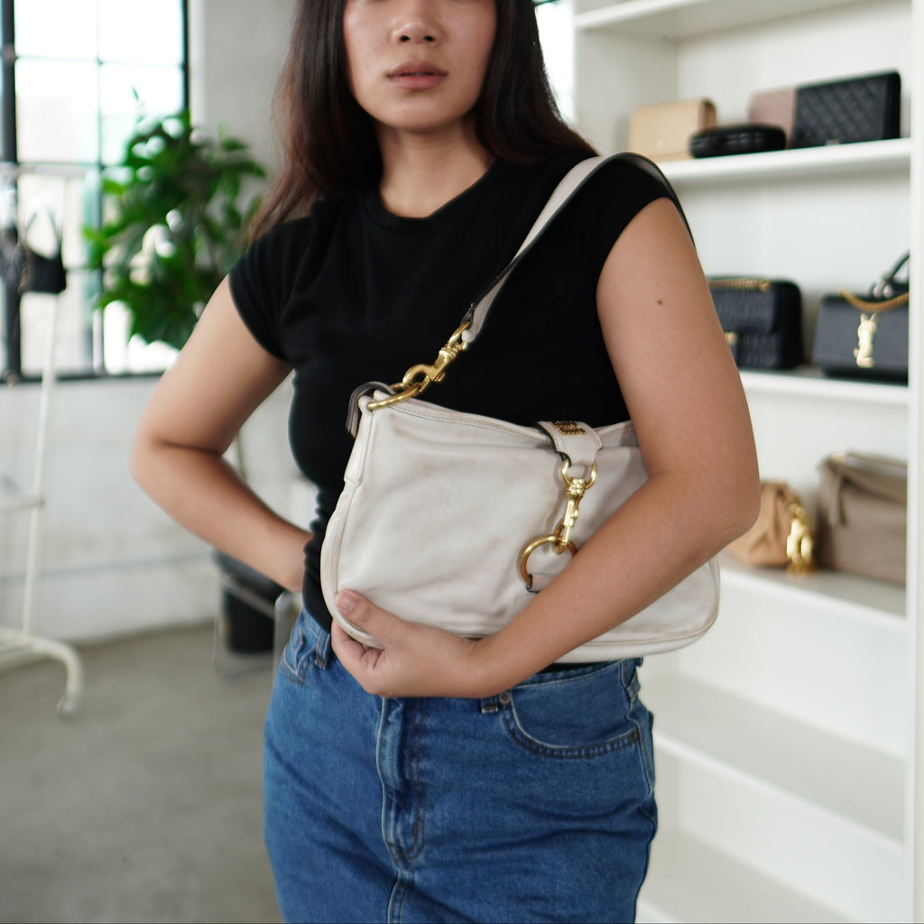 Miu Miu Nappa Old Hook Shoulder Bag Sabbia White
