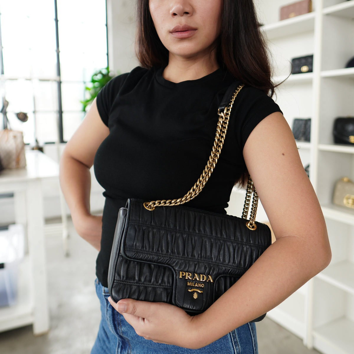 Prada Flap Nappa Gaufre Medium Chain Black