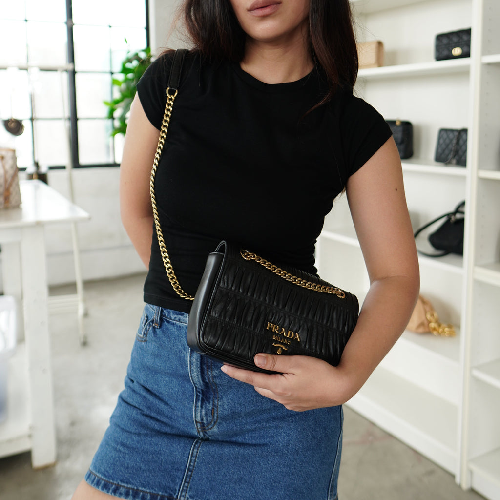 Prada Nappa Gaufre Flap Shoulder Bag Black