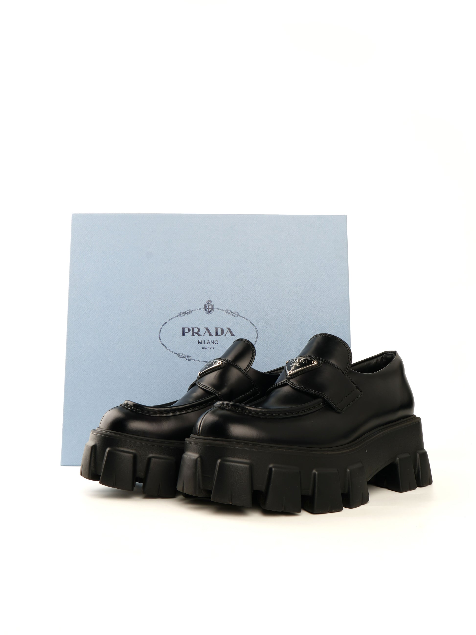 Prada Spazzolato Triangle Logo Monolith Loafers 37