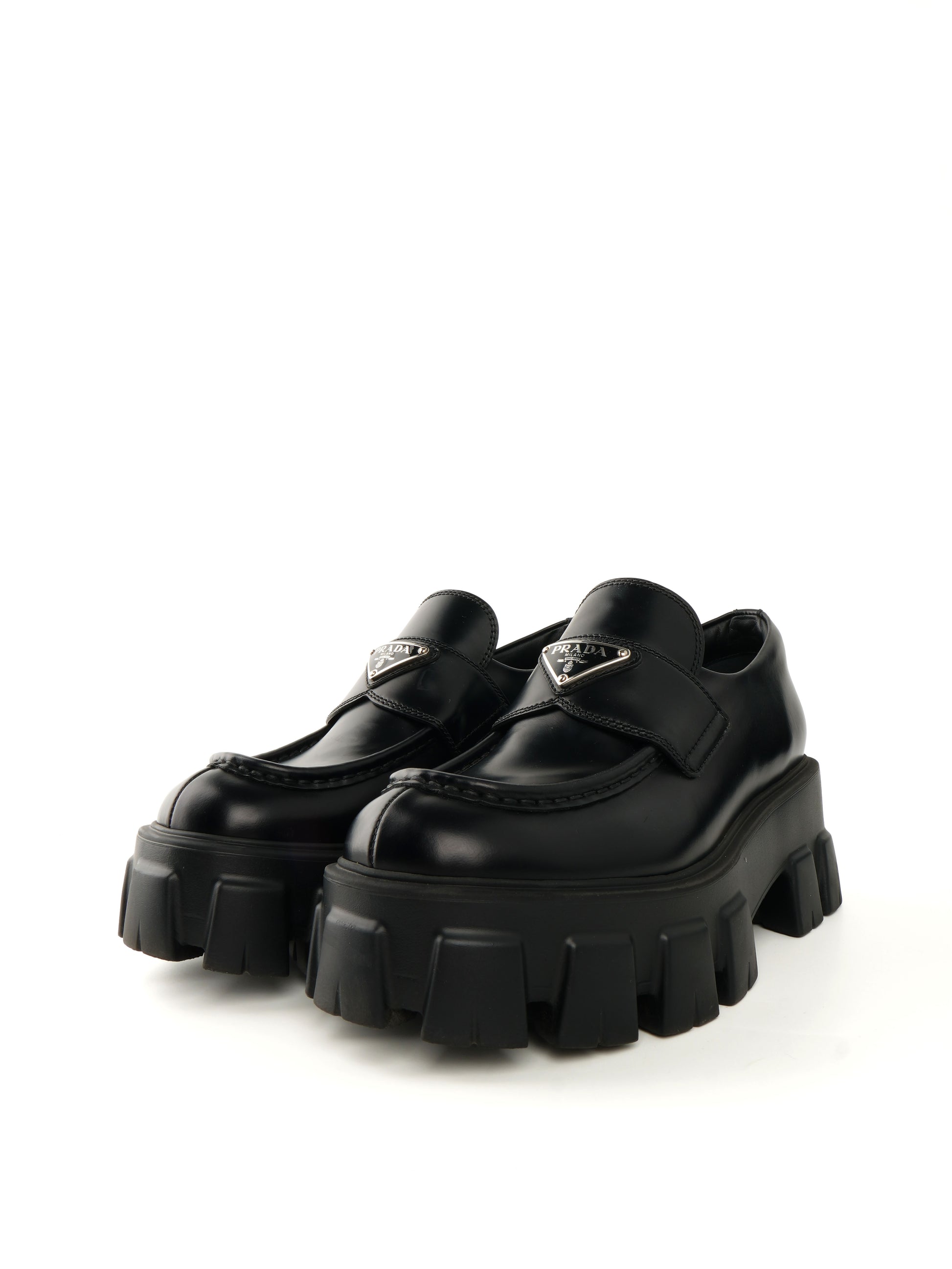 Prada Spazzolato Triangle Logo Monolith Loafers 37