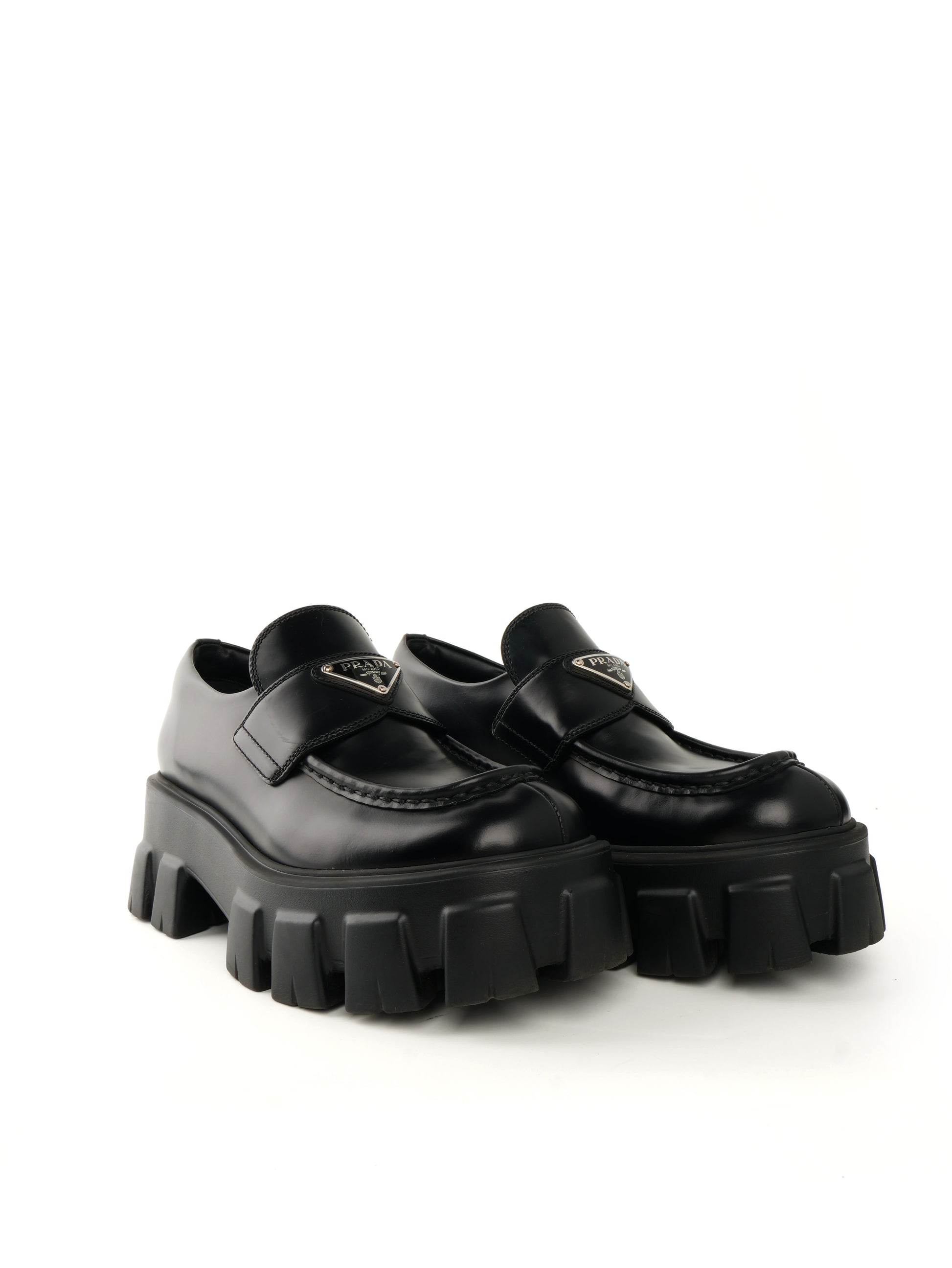Prada Spazzolato Triangle Logo Monolith Loafers 37