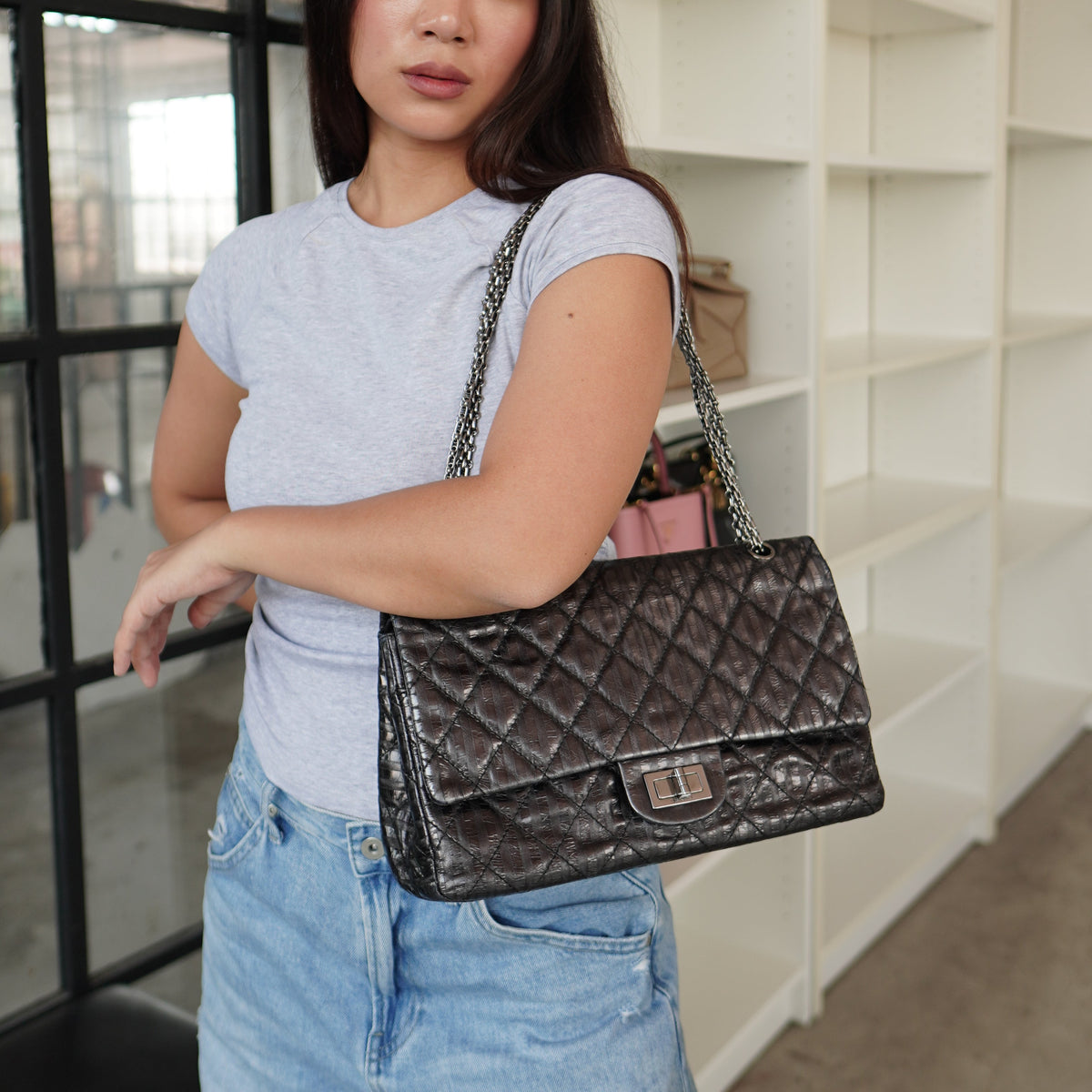 Chanel  2.55 Reissue 227 Metallic Calfskin Striped Flap Black