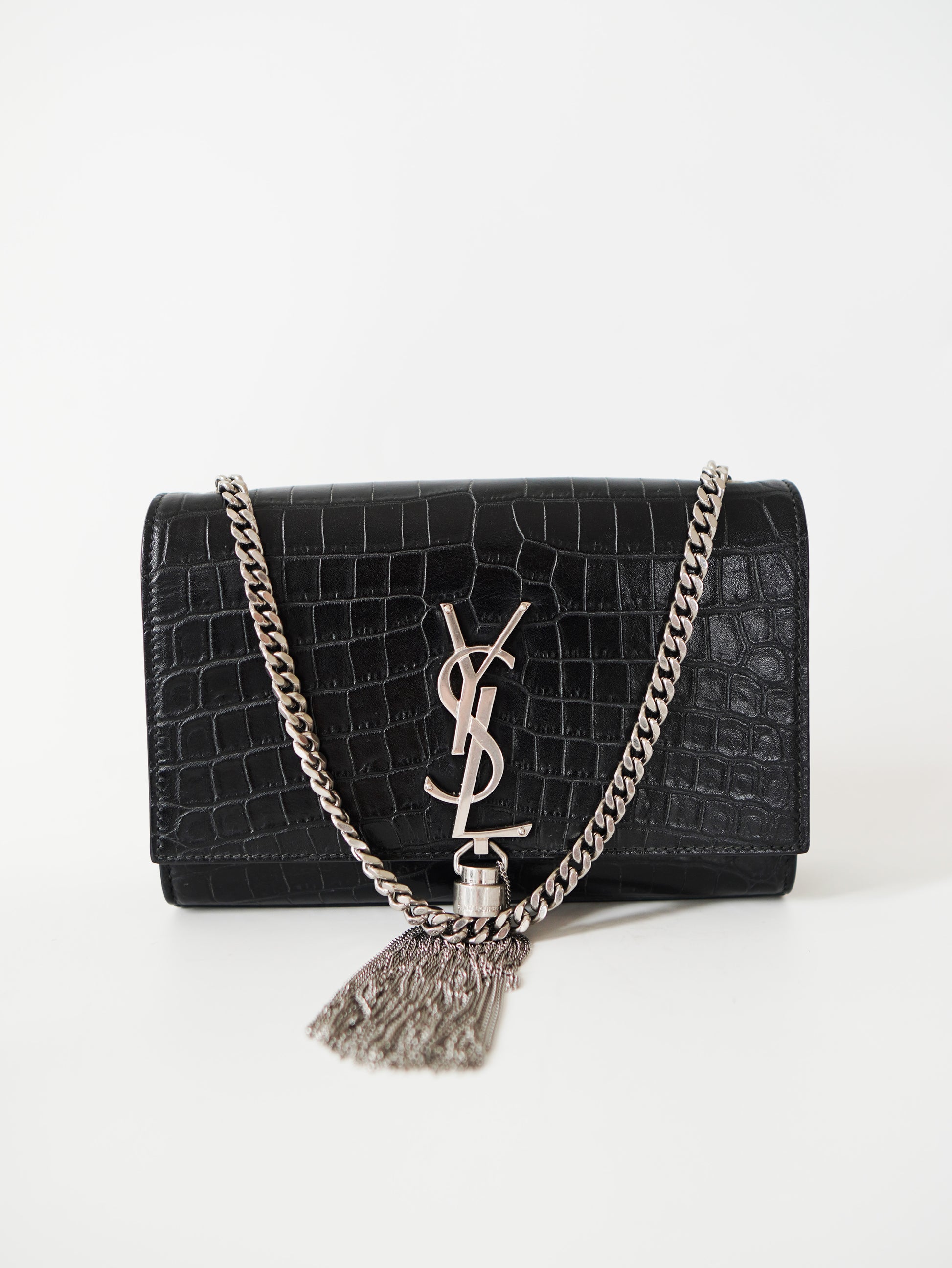 Saint Laurent Kate Croc Embossed Tassel
