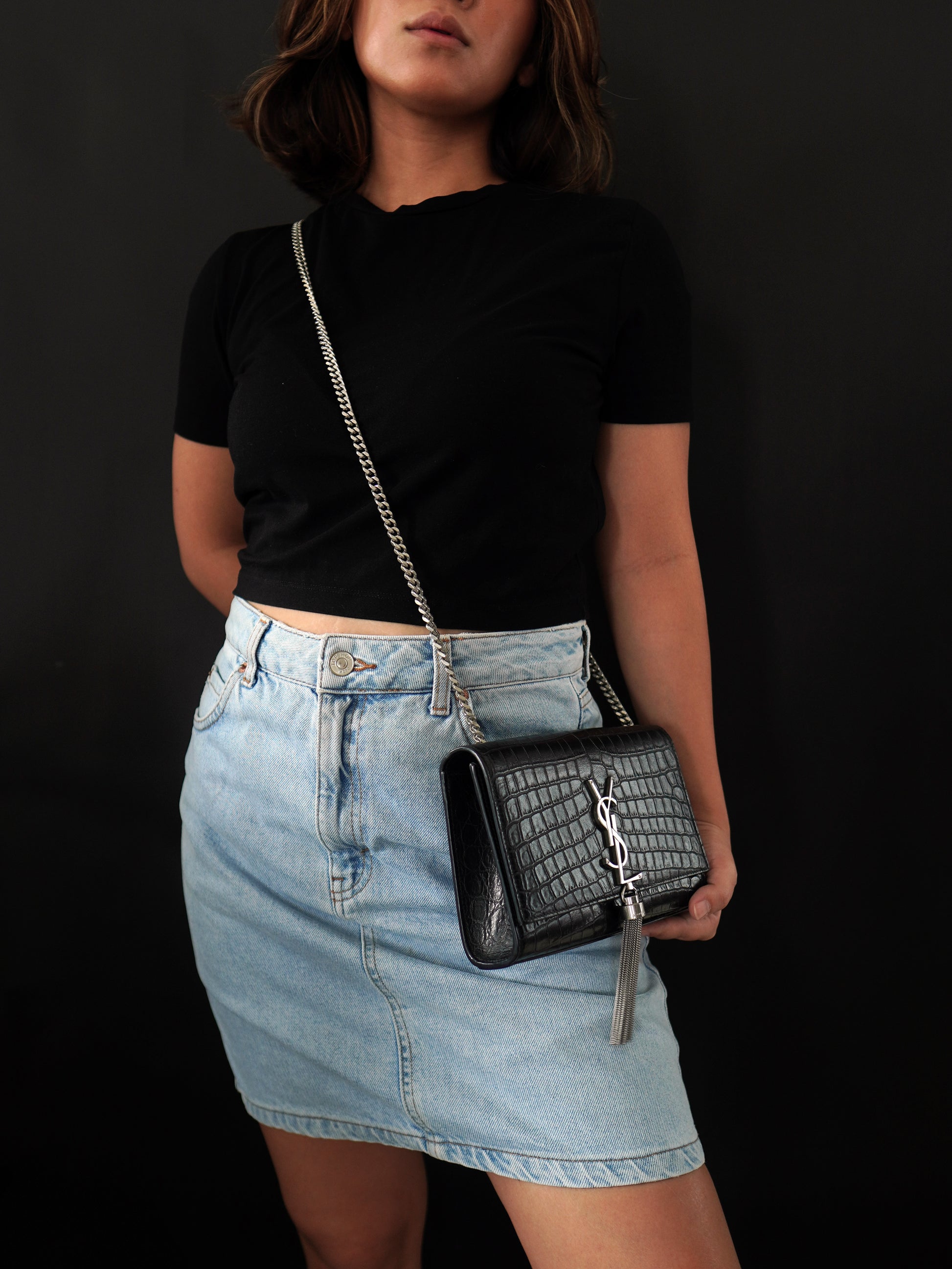 Saint Laurent Kate Croc Embossed Tassel