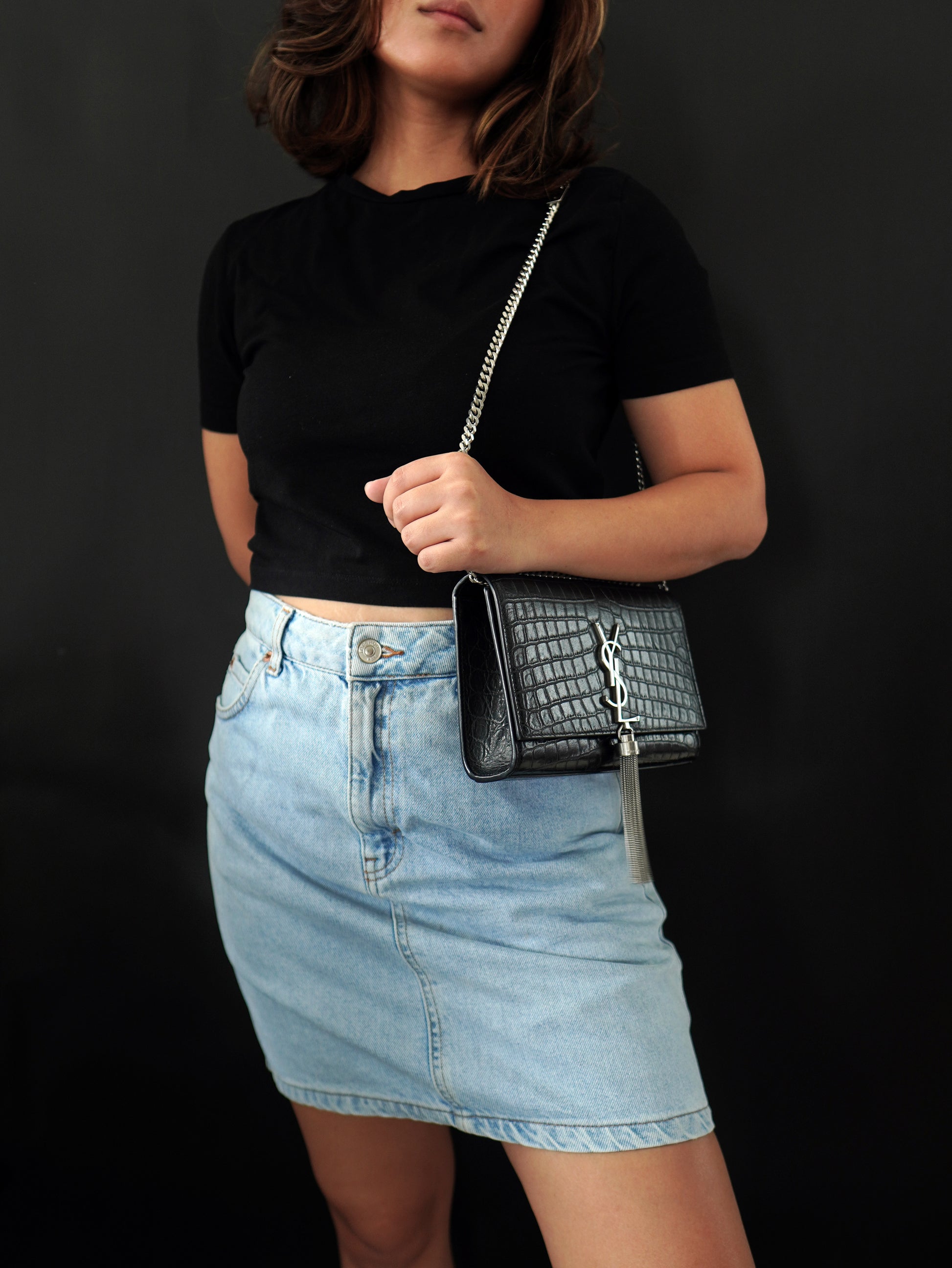 Saint Laurent Kate Croc Embossed Tassel