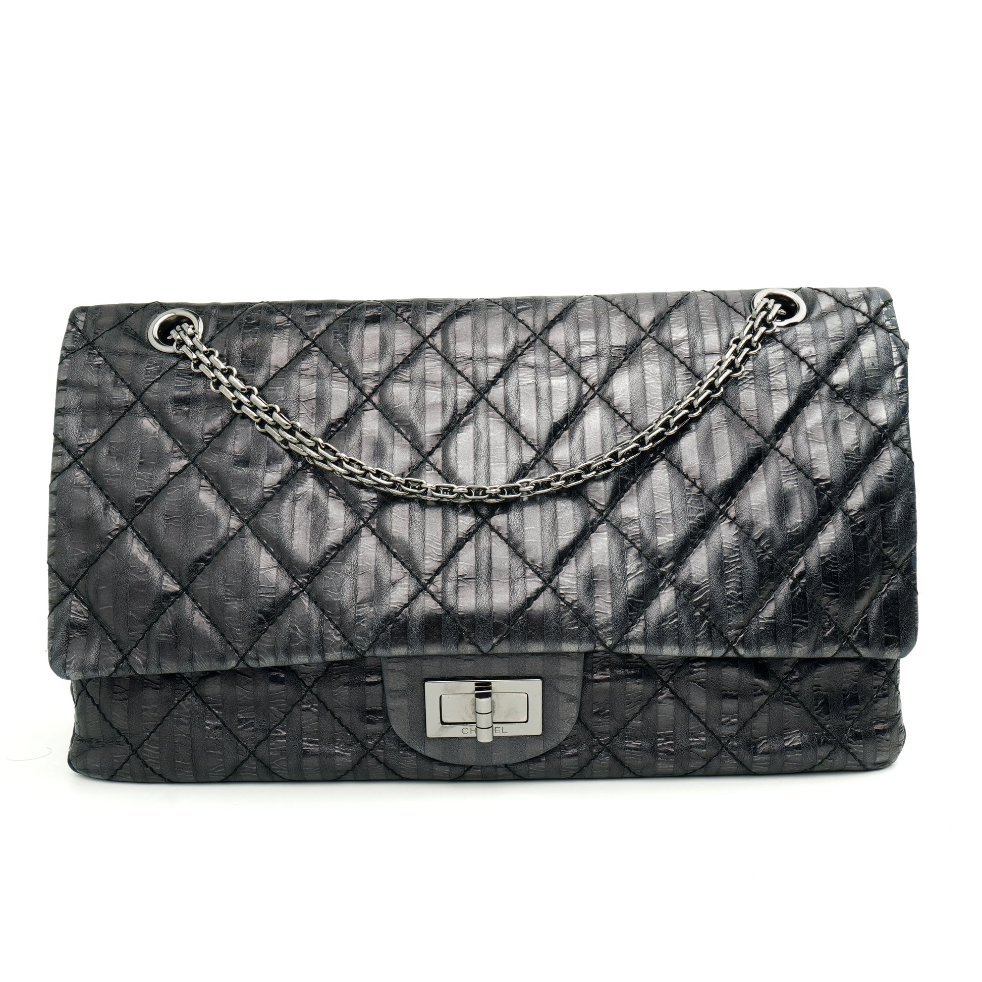 Chanel  2.55 Reissue 227 Metallic Calfskin Striped Flap Black