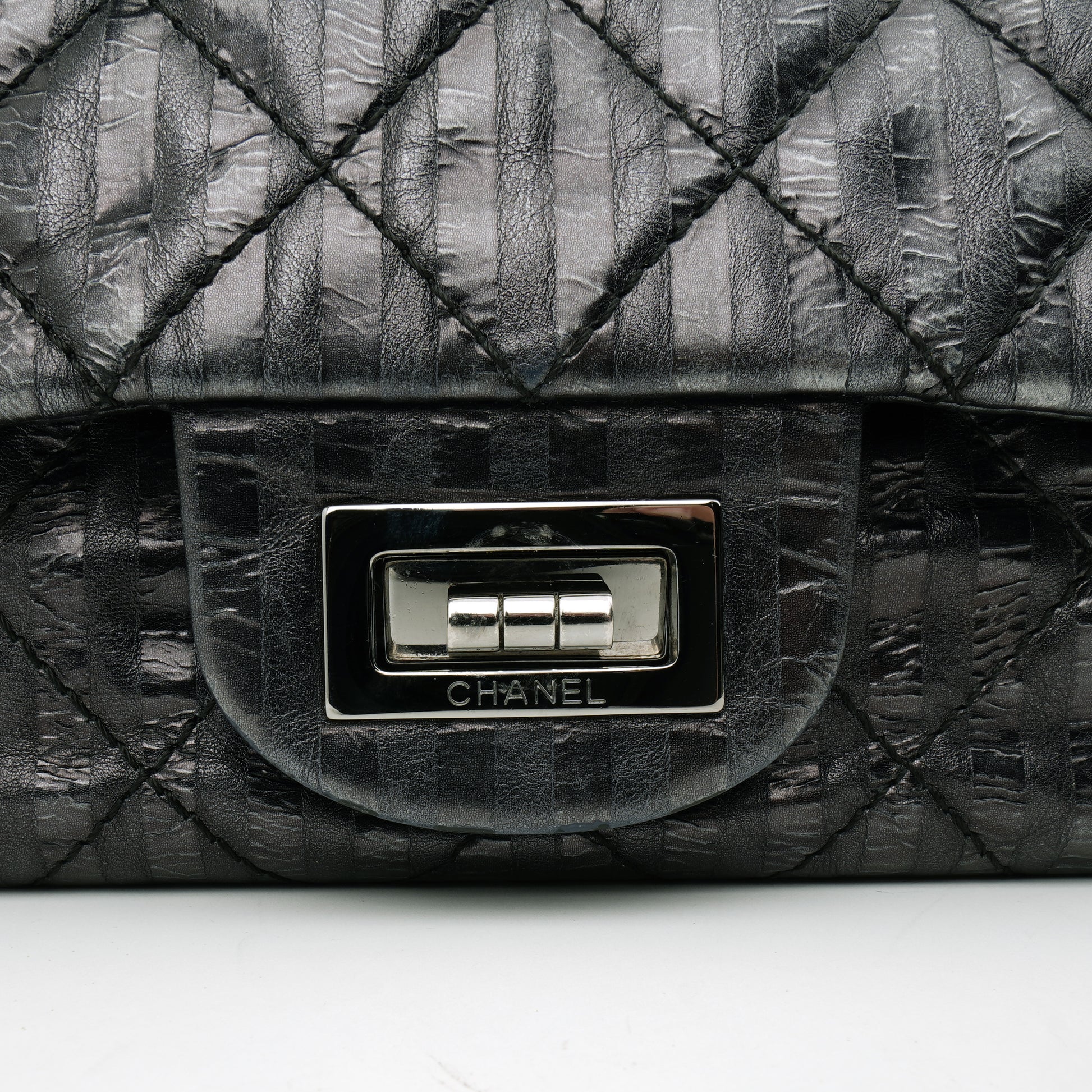 Chanel  2.55 Reissue 227 Metallic Calfskin Striped Flap Black