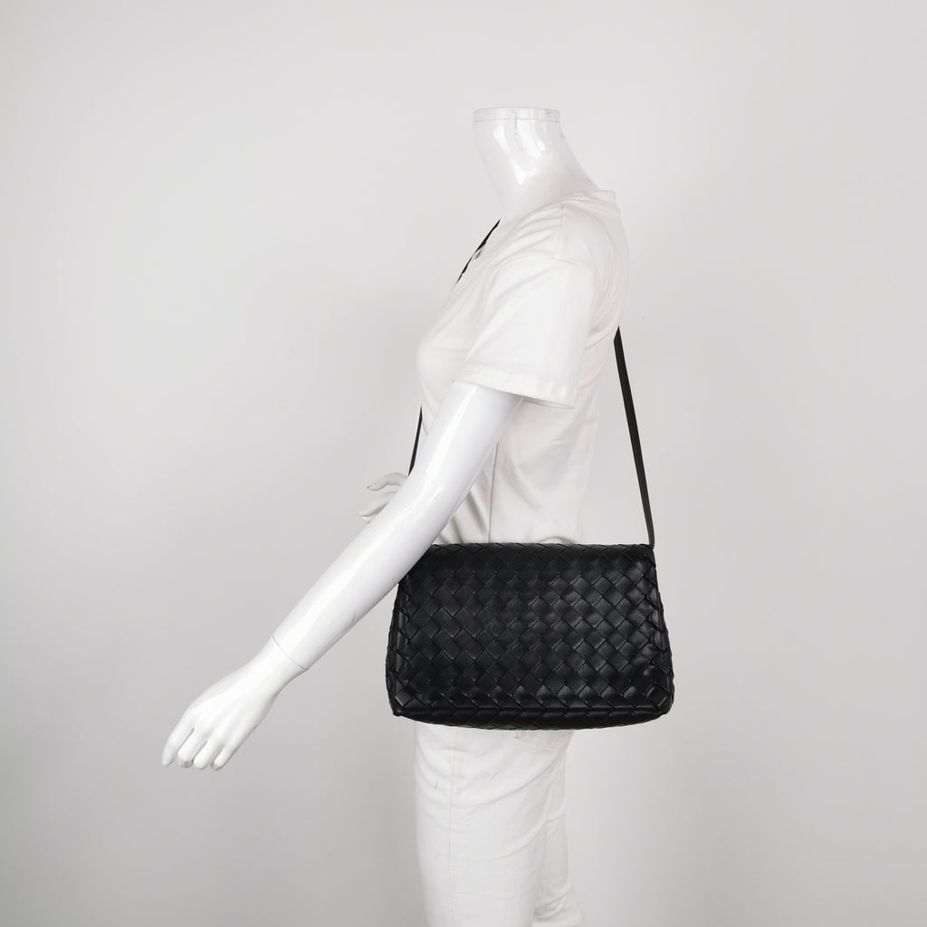 Bottega Veneta Intrecciato Flap Crossbody Black