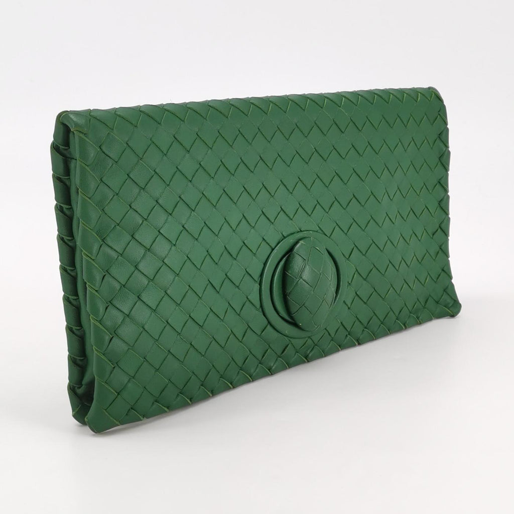 Bottega Veneta Fold Over Turnlock Clutch Tote Intrecciato Green
