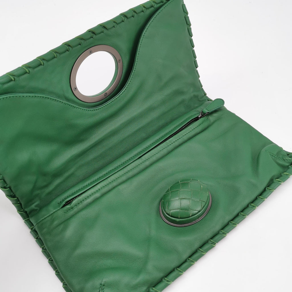 Bottega Veneta Fold Over Turnlock Clutch Tote Intrecciato Green