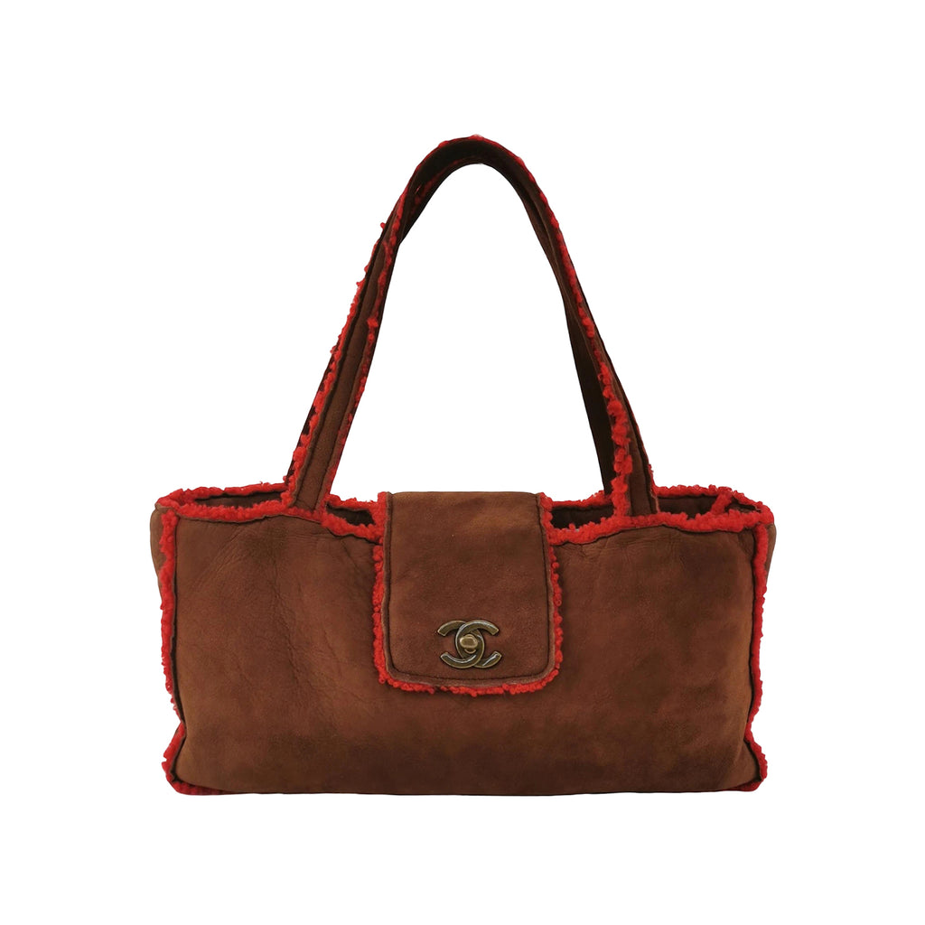 Chanel Mouton Suede Shearling East West Shoulder Bag