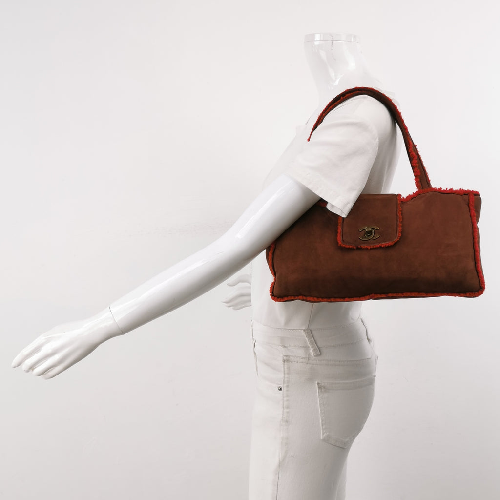 Chanel Mouton Suede Shearling East West Shoulder Bag