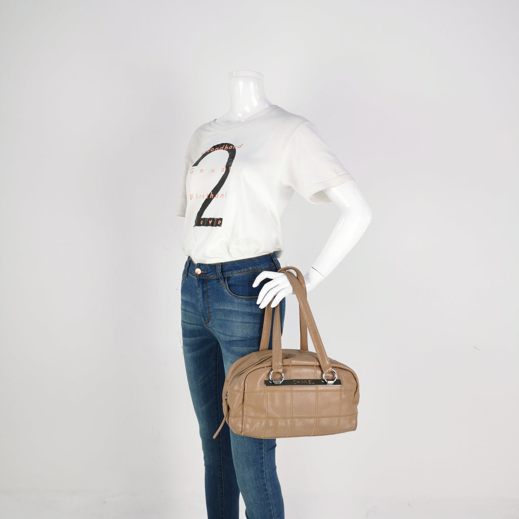Chanel Square Stitch Bowler Bag Beige Caviar