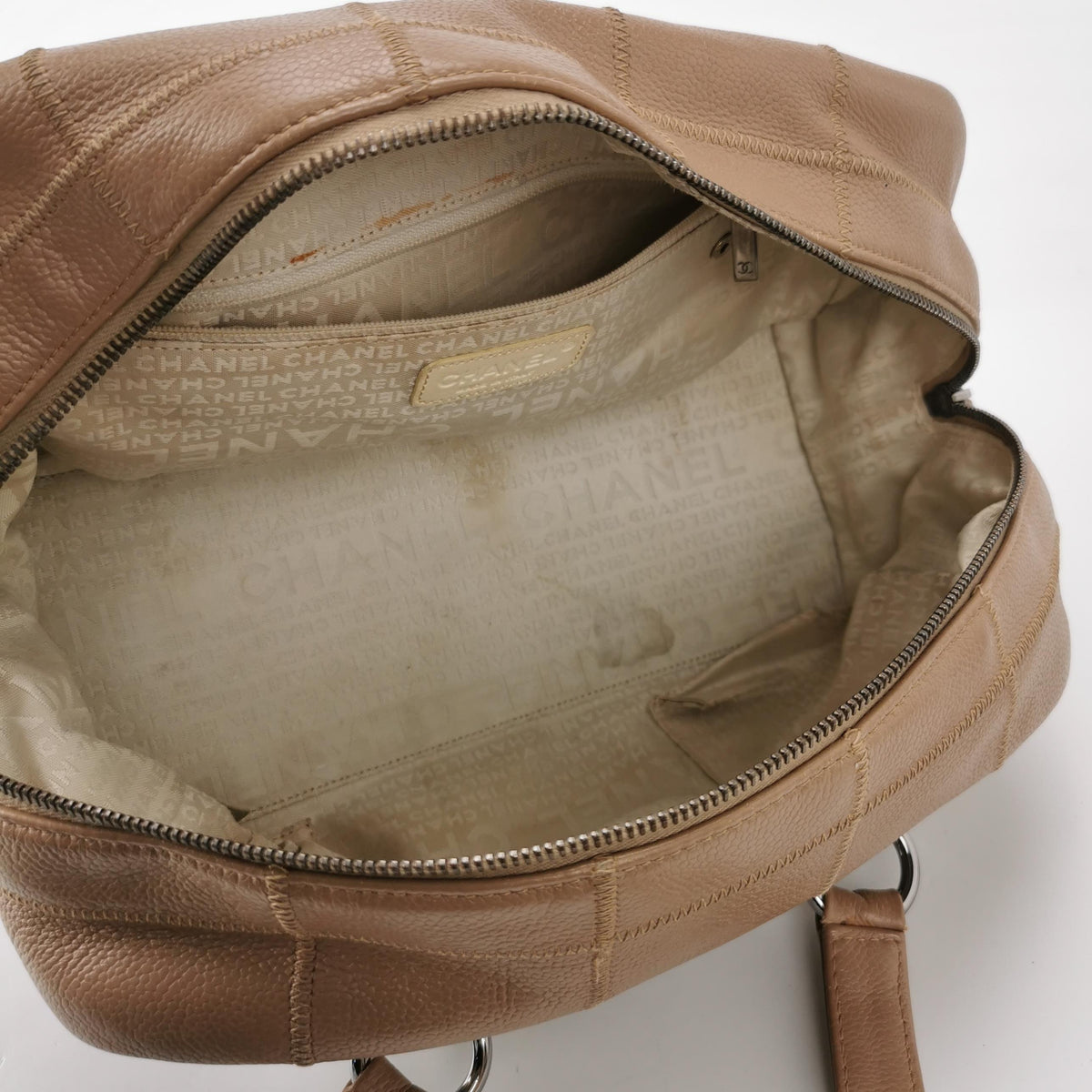 Chanel Square Stitch Bowler Bag Beige Caviar