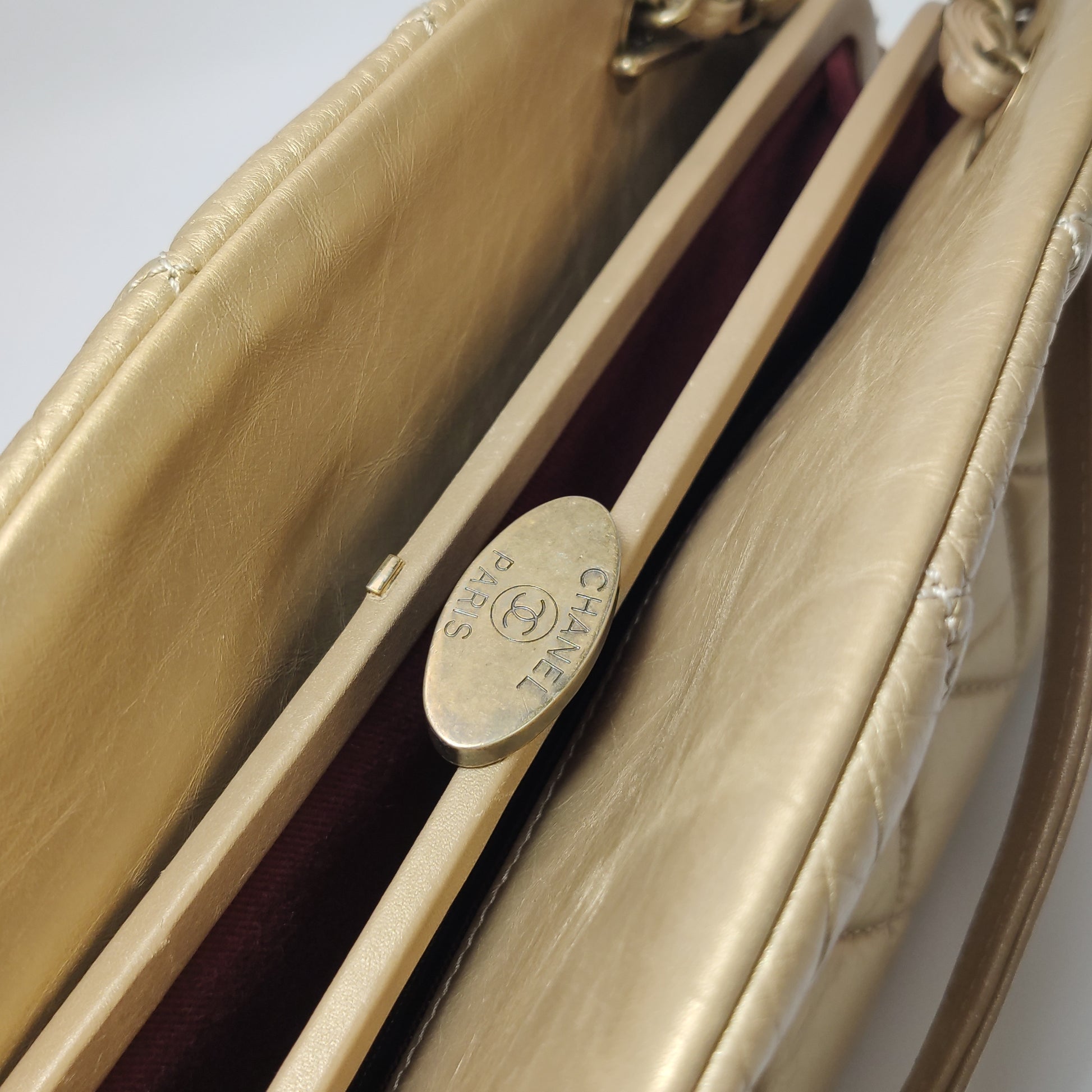 Chanel Just Mademoiselle Bowling Bag Metallic Gold Aged Calfskin