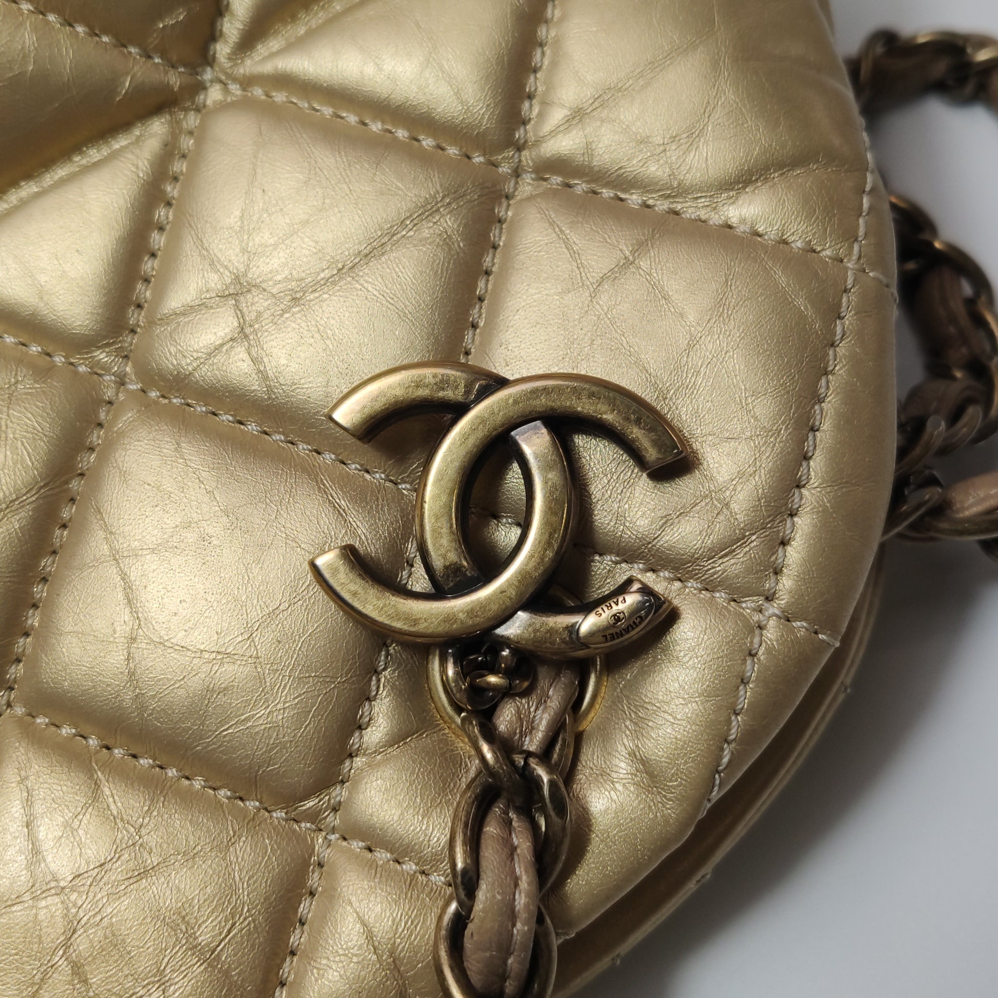 Chanel Just Mademoiselle Bowling Bag Metallic Gold Aged Calfskin