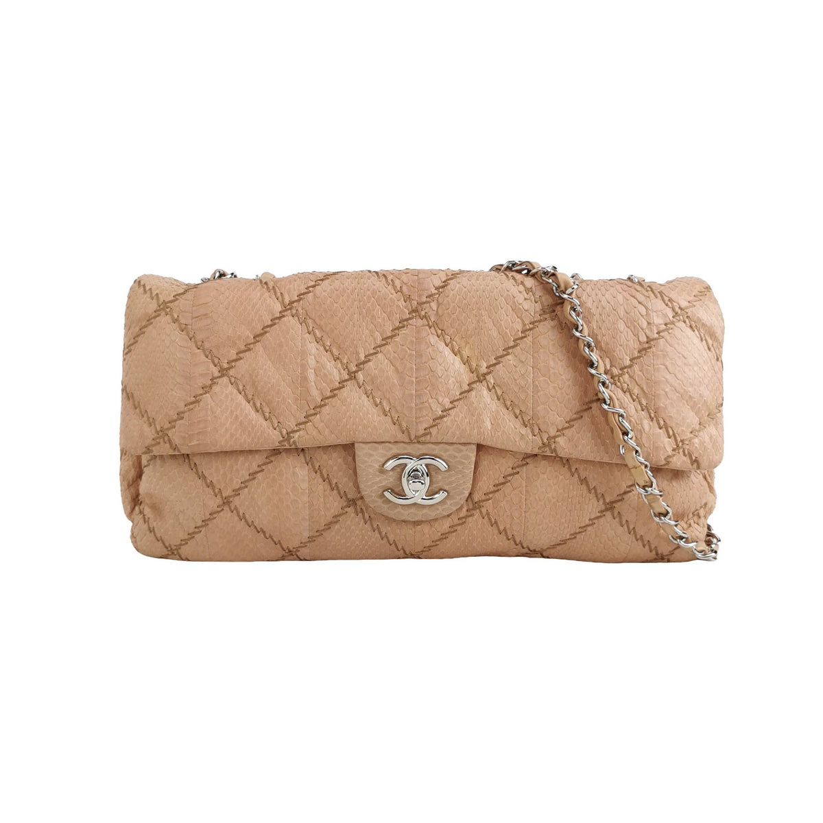 Chanel Ultra Stitch Flap East West Snakeskin Beige