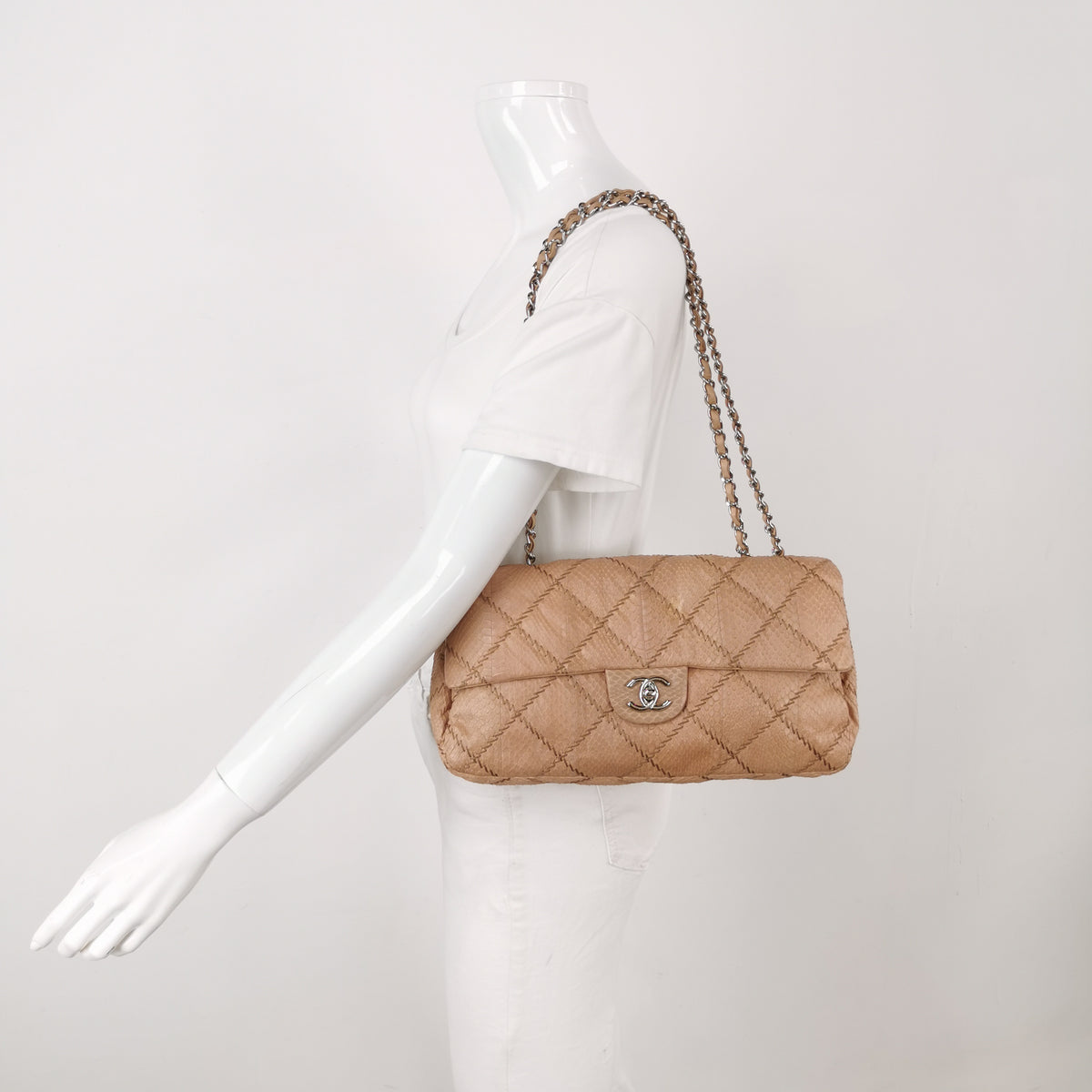 Chanel Ultra Stitch Flap East West Snakeskin Beige