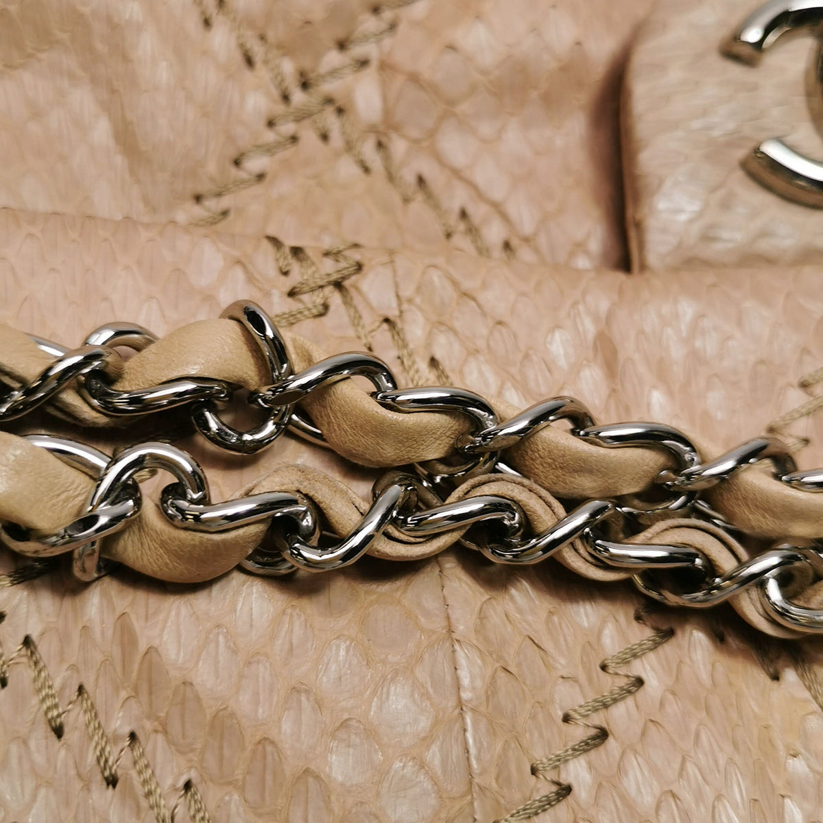 Chanel Ultra Stitch Flap East West Snakeskin Beige