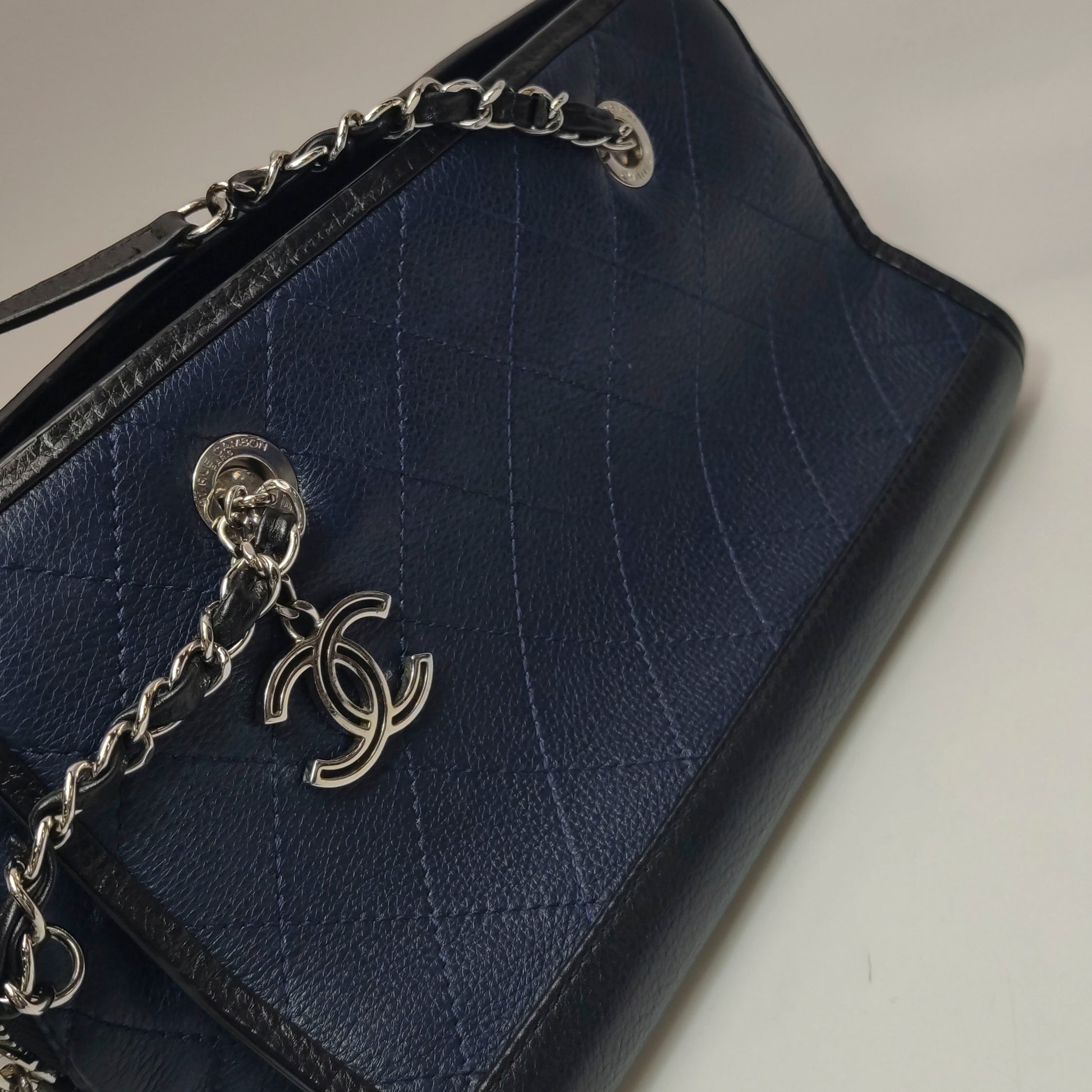 Chanel Angle Tote Navy Blue Black