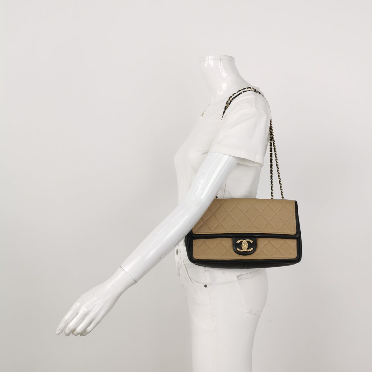 Chanel Graphic Flap Medium Beige Black Calfskin