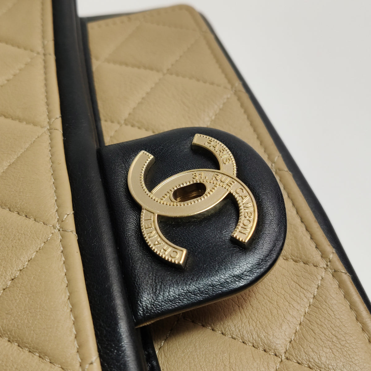Chanel Graphic Flap Medium Beige Black Calfskin