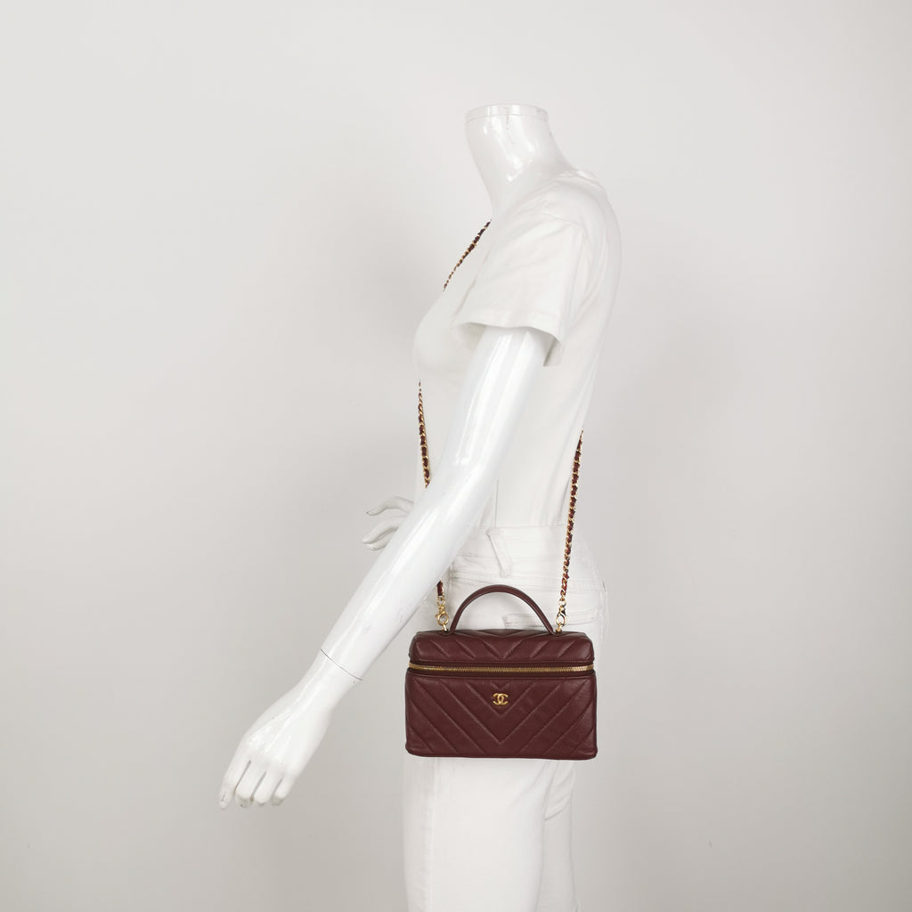 Chanel Vanity Top Handle Chevron Caviar Deep Red