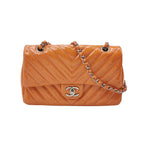 Chanel Chevron Single Flap Shoulder Bag Orange Patent