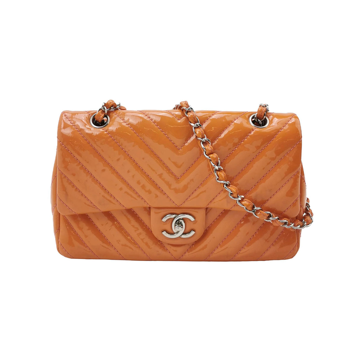Chanel Chevron Single Flap Shoulder Bag Orange Patent