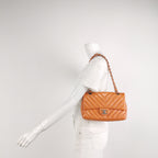Chanel Chevron Single Flap Shoulder Bag Orange Patent