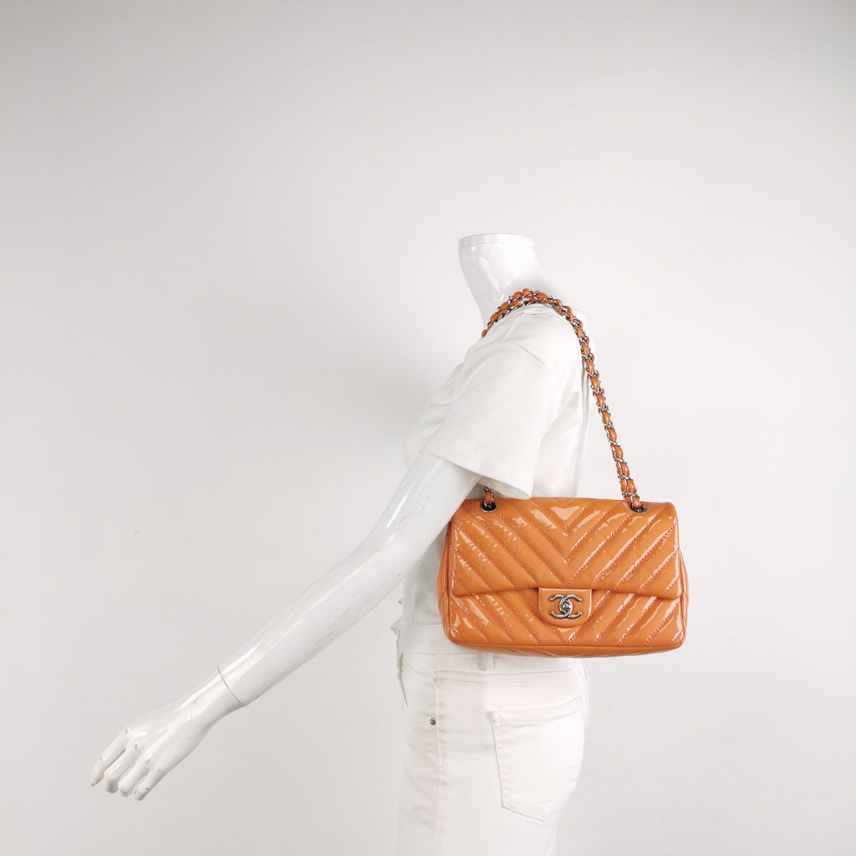 Chanel Chevron Single Flap Shoulder Bag Orange Patent